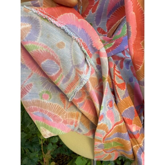 70s Rainbow Floral Psychedelic Tunic Wrap Dress Dagger Collar Volup - Picture 10 of 13